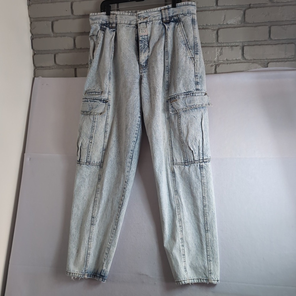 Vintage Jordache Acid Wash Cargo Jeans Mens 38x32 Tapered Leg Denim Blue Retro